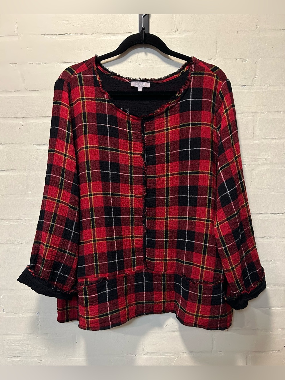Habitat Plaid Pocket Pullover Top Red Black Crinkle Gauze Lagenlook Size L 75810